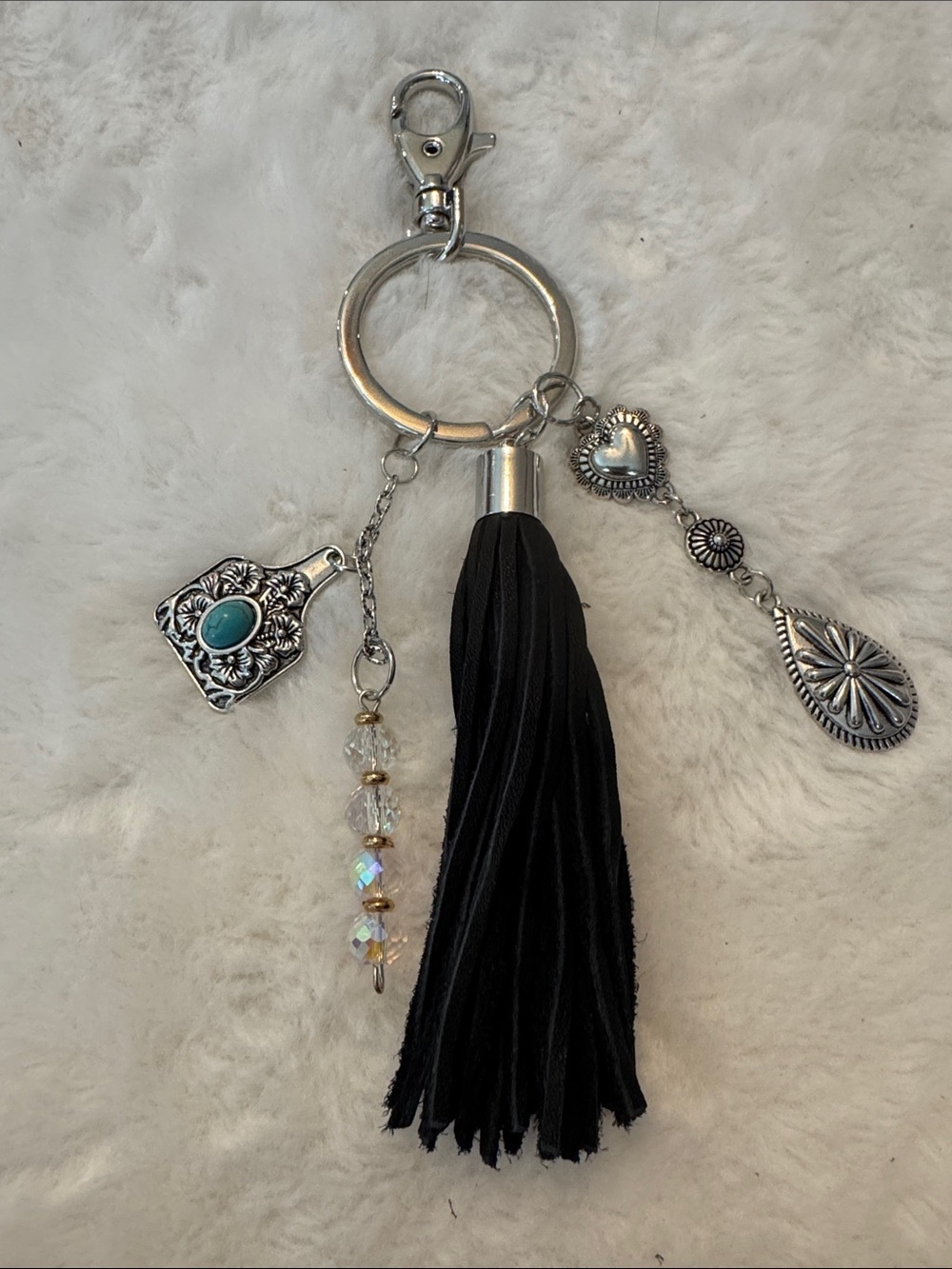 Silver and Black Tassel Keychain Bag Charm - Unbranded
